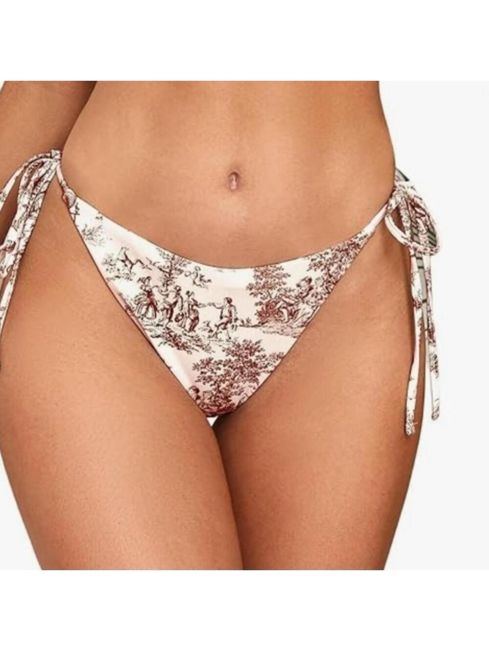 Women's White and Brown Printed Tie-Side Bikini Bottoms